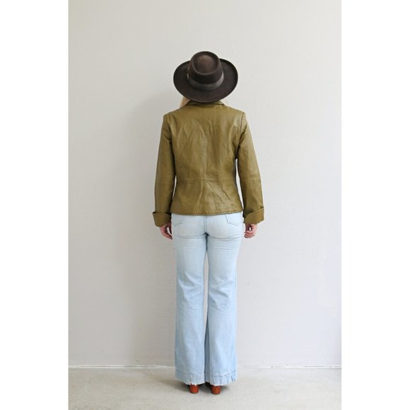 2000's Y2K Peplum Leather Jacket // Women's Size Small to Medium // Pea Green - Picture 7 of 10